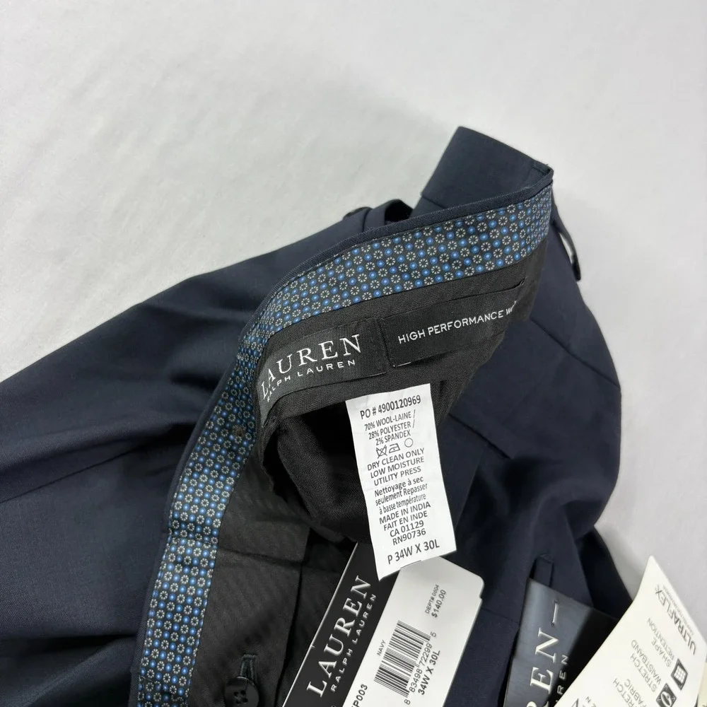 Lauren Ralph Lauren Dress Pants Men 34x30 Blue High Performance Wool Pleated NEW